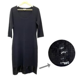 Dialogue Sequin Trim Wool Sweater Dress Sz M Women Knit Sheath 3/4 Sleeve Black